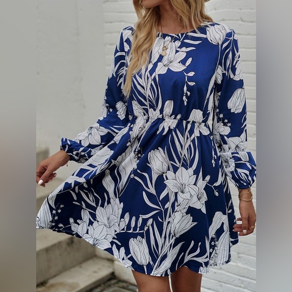 Floral Round Neck Long Sleeve Mini Dress - Picture 1 of 6